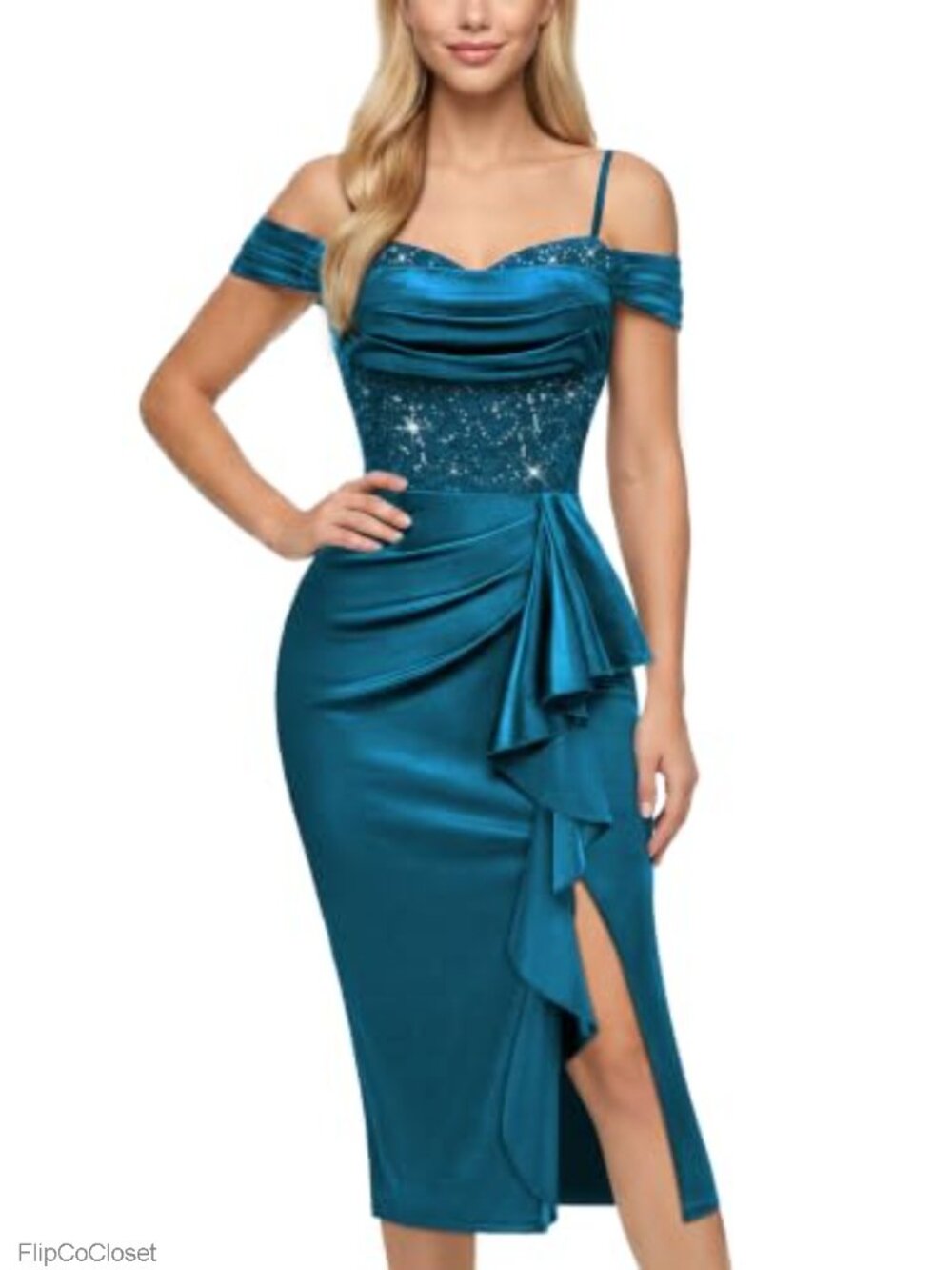 Off Shoulder V-Neck Sequin Lace Ruffle Bride Party Dress